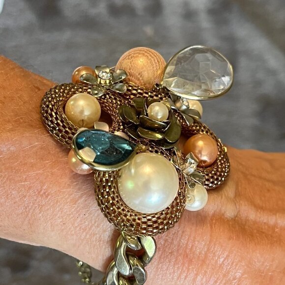 Vintage Big Pearl Gemstone Bauble Adjustable Chunky Chain Bracelet EFM - Picture 5 of 9